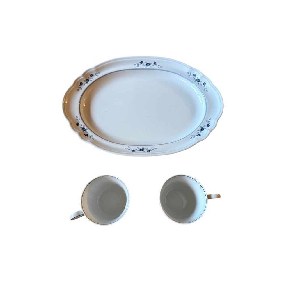 Vintage Bavaria Porcelain Oval Serving Platter w/ 2 Cups Gray Floral